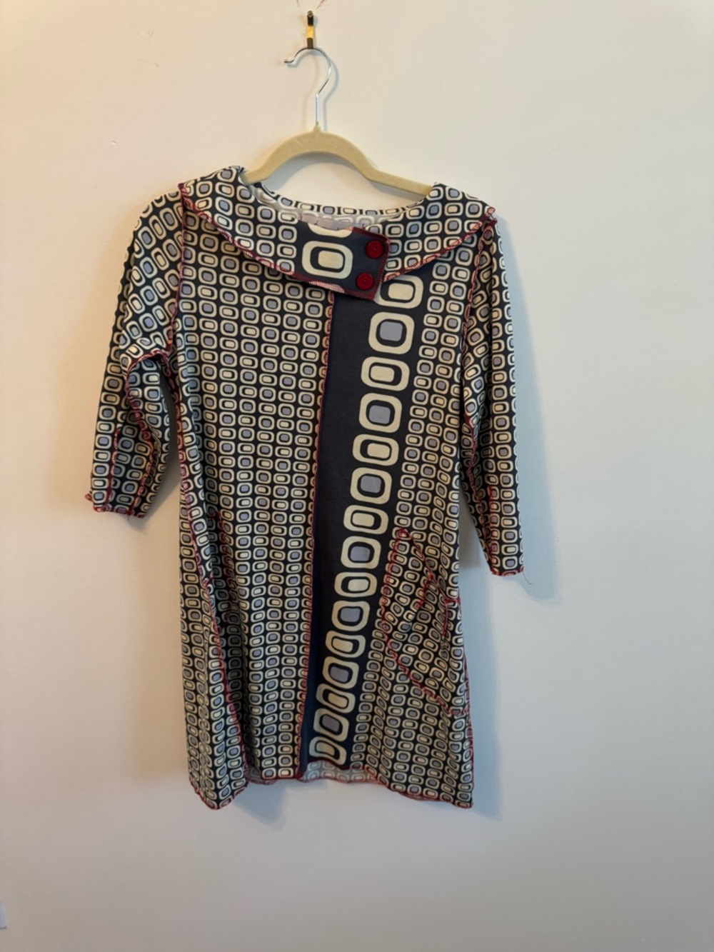 Size M Geometric Print Mini Dress in Navy, Cream & Red